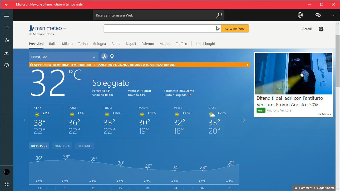 Microsoft News per Windows 10 ottiene l'integrazione di Meteo