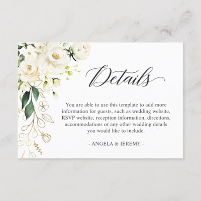  White Rose Green Floral Wedding Reception Details Enclosure Card