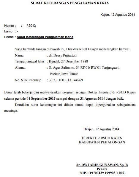 SURAT KETERANGAN PENGALAMAN KERJA Dokter Rumah Sakit Dr 