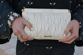 Miu Miu drape clutch, infinity spadarella ring, Essie white nail polish, Fashion and Cookies, fashion blogger