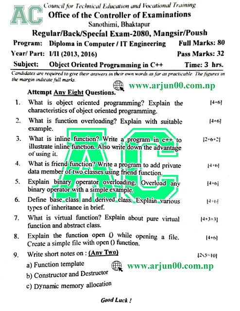 OOP in C++  :-  2080 (Old + Very Old) Question Paper of Second Semester - DCOM/IT  ,Old Course Question Paper, 2nd Sem