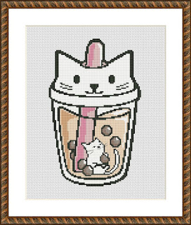 Boba tea cat cross stitch - Tango Stitch