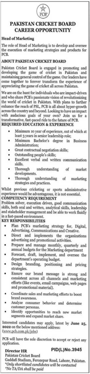Pakistan Cricket Board PCB Head of Marketing Jobs 2022 | Pak Jobs