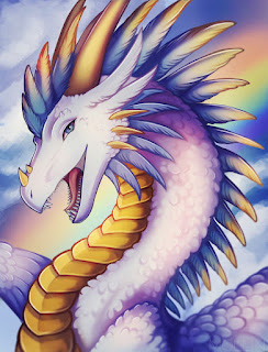 A white dragon with white feathers and a yellow breastplate and blue eyes. The dragon hovers in the sky, surrounded by a bunch of clouds and a rainbow