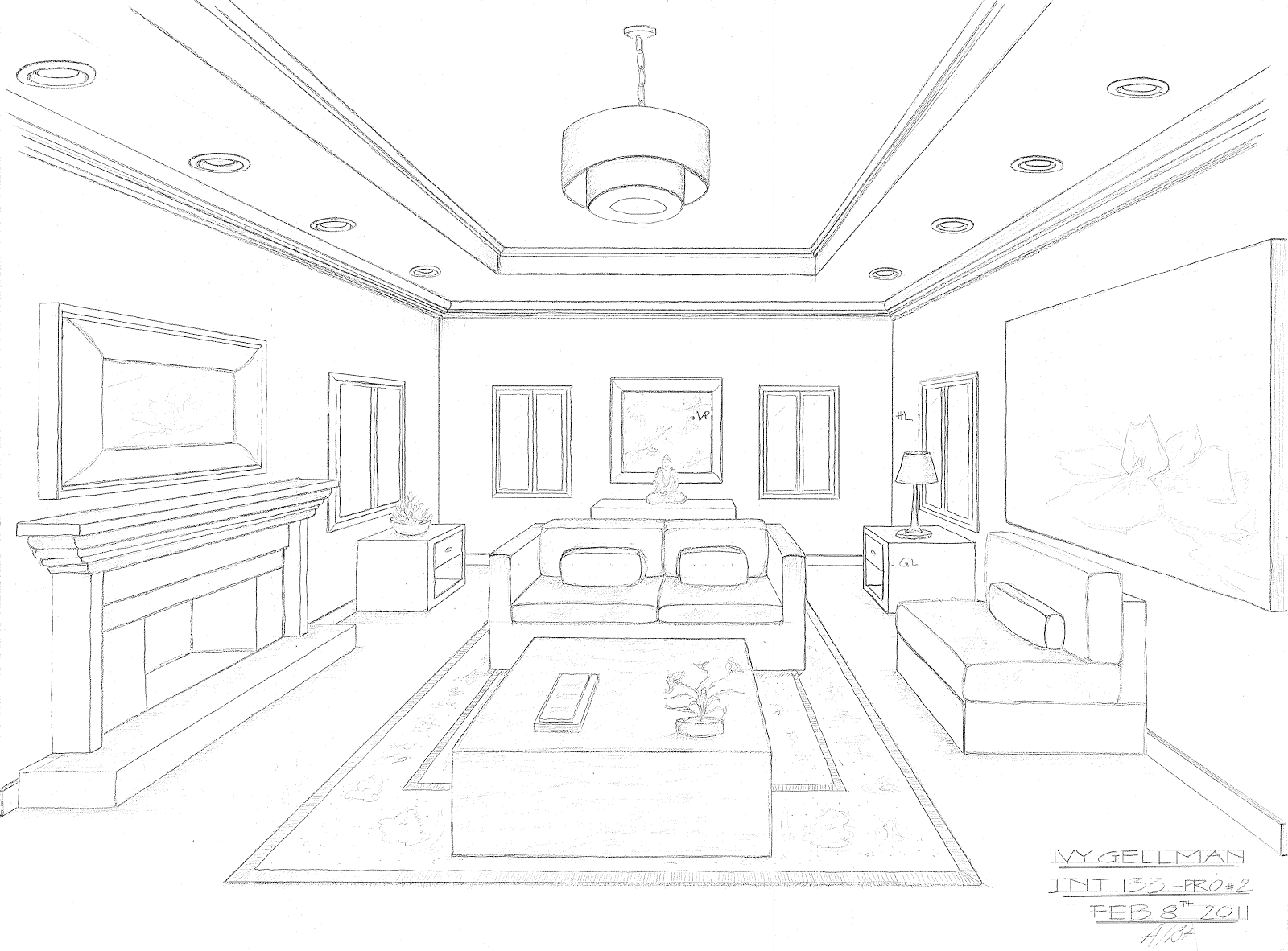 One Point Perspective Drawing Living Room