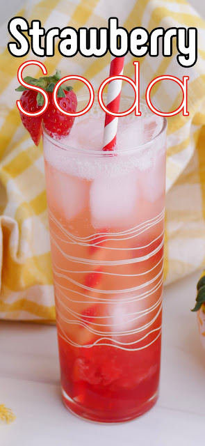 Homemade Fresh Strawberry Soda in a tall glass with recipe title text overlay.