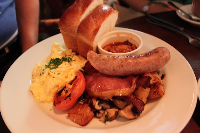 Breakfast, Scrambled Eggs, Pork Sausage, Sauteed Mushrooms, Bacon