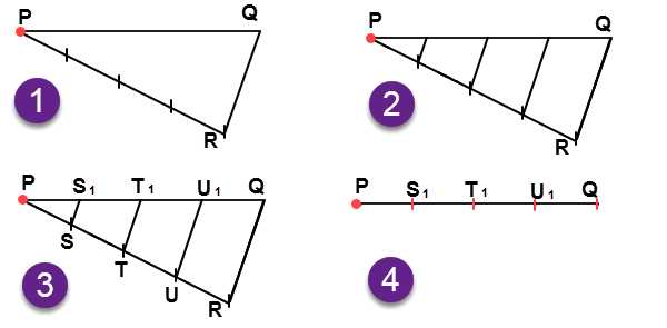 22. Salinlah garis PQ berikut. Kemudian dengan menggunakan jangka dan penggaris bagilah masing-masing garis menjadi 4 bagian yang sama panjang.