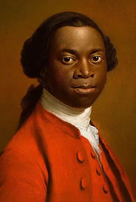 A portrait of Olaudah Equano. He is a man from West Africa, wearing late 18th century British fashion - long hair (or a wig) puffed at the sides and tied at the nape of his neck, a white cravat wrapped high round his neck, and a red coat and waistcoat with big buttons.