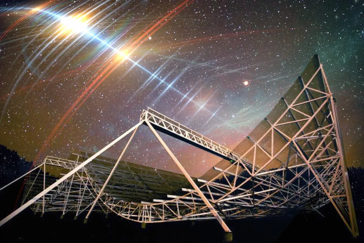 Los astrónomos han detectado una señal de radio persistente procedente de una galaxia lejana que parece parpadear con una regularidad sorprendente. Bautizada como FRB 20191221A, esta ráfaga de radio rápida, o FRB, es actualmente la FRB más duradera, con el patrón periódico más claro, detectada hasta la fecha. En la imagen, el gran radiotelescopio CHIME que captó la FRB. Crédito: Foto cortesía de CHIME, con fondo editado por MIT News