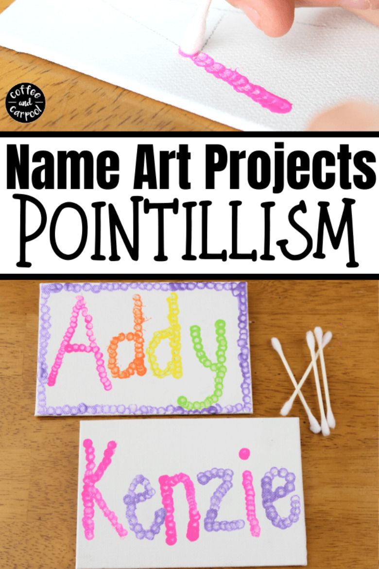 Q tip painting for kids - name art pointillism