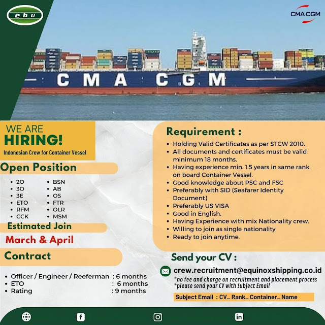 Job Vacancy for Seafarer CMA CGM Container Vessel March 2024