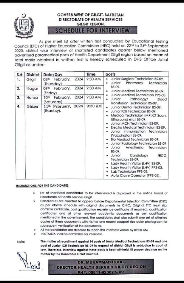 Directorate of Health Services Gilgit Division announced Interview Schedule 