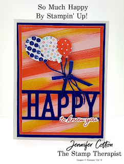 Happy to know you card using Stampin' Up!'s So Much Happy Bundle along with the Playing with Patterns designer paper and Ribbon Combo.  #StampinUp #StampTherapist