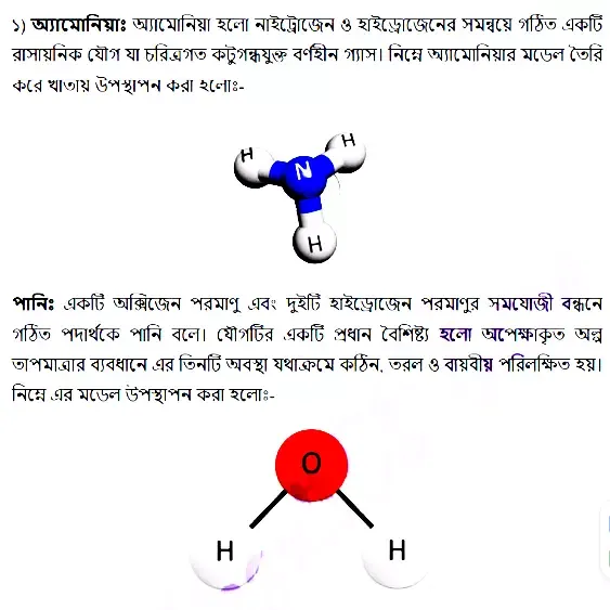 অ্যামেনিয়া, পানি ও মিথেন গ্যাসের মডেল এবং অনু ও পরমানু সম্পর্কে ডাল্টনের মতবাদ -  Class Seven 15th week Assignment