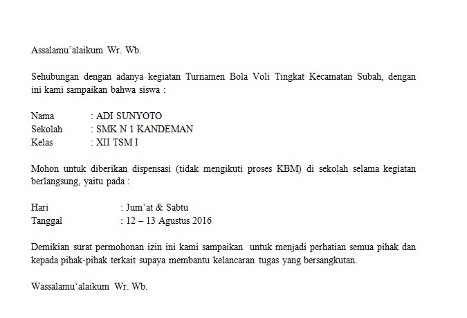 Contoh Surat Ijin Dispensasi (Surat Ijin) Untuk Kegiatan 