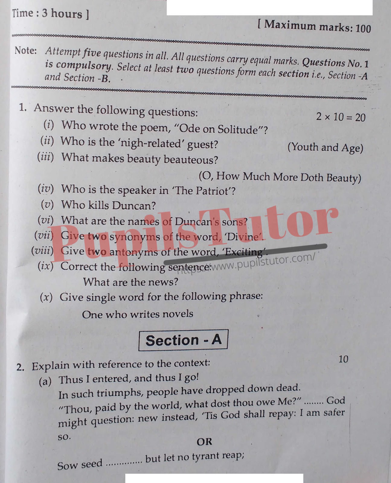 MDU DDE (Maharshi Dayanand University - Directorate of Distance Education, Rohtak Haryana) BA  Final Year Previous Year English Question Paper For 2016 Exam (Question Paper Page 1) - pupilstutor.com