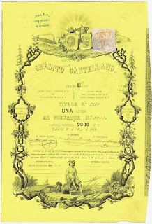 Share of the Credito Castellano company, engraved by Antonio Roca y Sallent, featured in Artemon auction