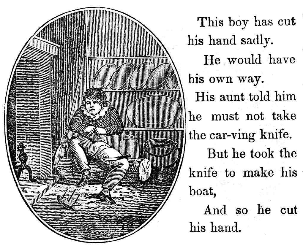 a boy chooses to ignore warnings about a carving knife in an 1800s schoolbook, illustration