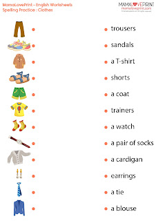 MamaLovePrint . Grade 2 English Worksheets . Vocabulary - Clothes Spelling Exercise PDF Free Download