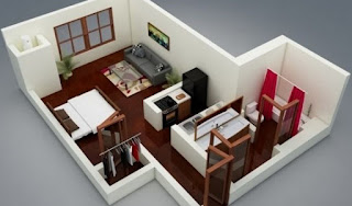 Model Denah Apartemen Studio Minimalis 3D Terbaru