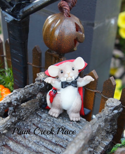 Plum Creek Place, Little Jo's doll party,  broken pot fairy garden, fairy garden, Halloween fairy garden