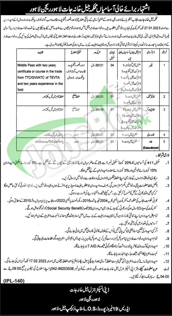 Punjab Jail Police Jobs 2023 in Lahore Region - Latest Advertisement