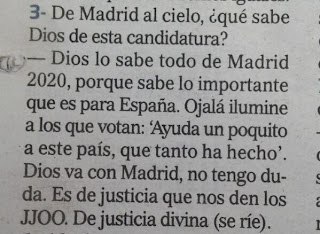 El presidente del COE dice que "Dios está con Madrid"