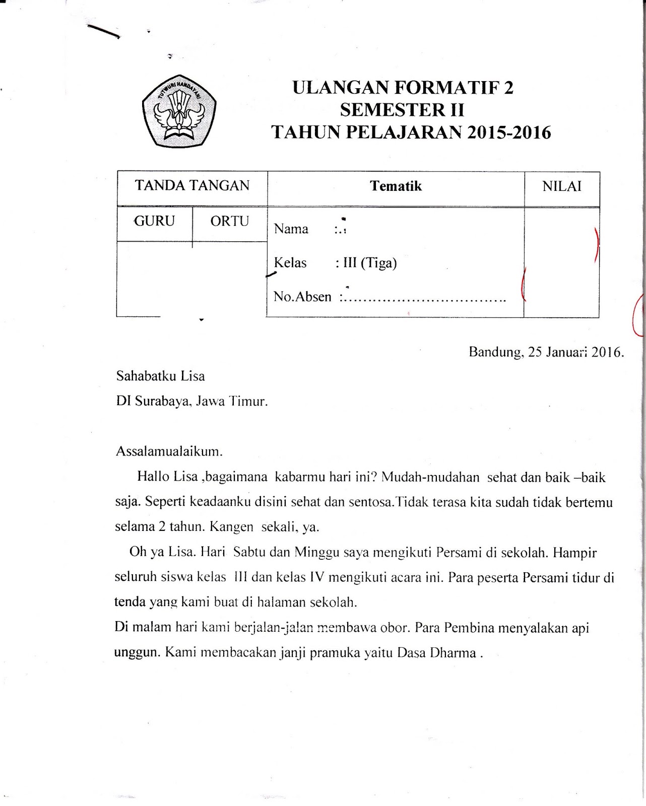 Formatif ke 2 Tematik Kelas 3 SD Ta 2015 2016 Kurikulum 2013