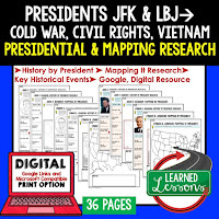 President JFK, New Frontier, LBJ, Great Society, American History Research Graphic Organizers, American History Map Activities, American History Digital Interactive Notebook, American History Presidential Research, American History Summer School
