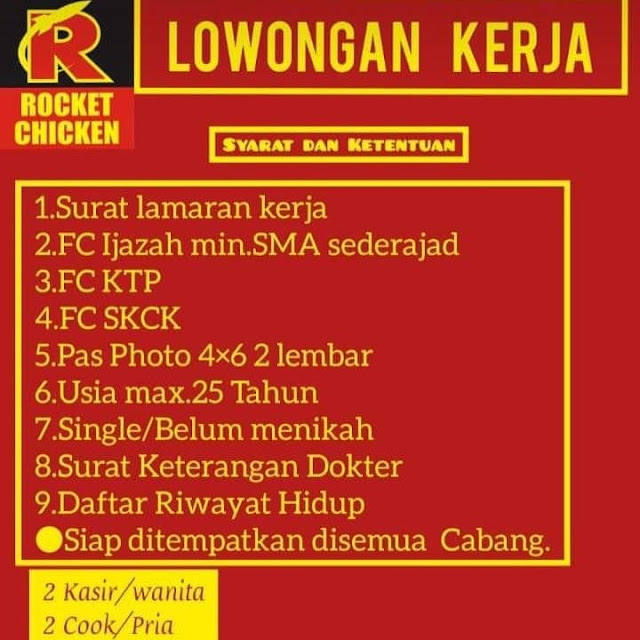 Lowongan Kerja Kasir Dan Koki Rocket Chicken Rembang