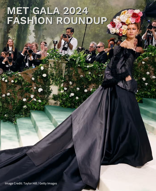 Photo of Zendaya atthe 2024 Met Gala. She is wearing a black gown with a long train. She is also wearing a headpiece adorned with a boquet of flowers shoiwng the garden of time theming. Text of Screen reads Met Gala fashion roundup