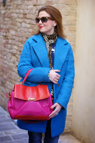 Miu Miu rasoir sunglasses, Dolce & Gabbana leopard scarf, Blue oversized coat, Marc by Marc Jacobs color block bag, Fashion and Cookies, fashion blogger