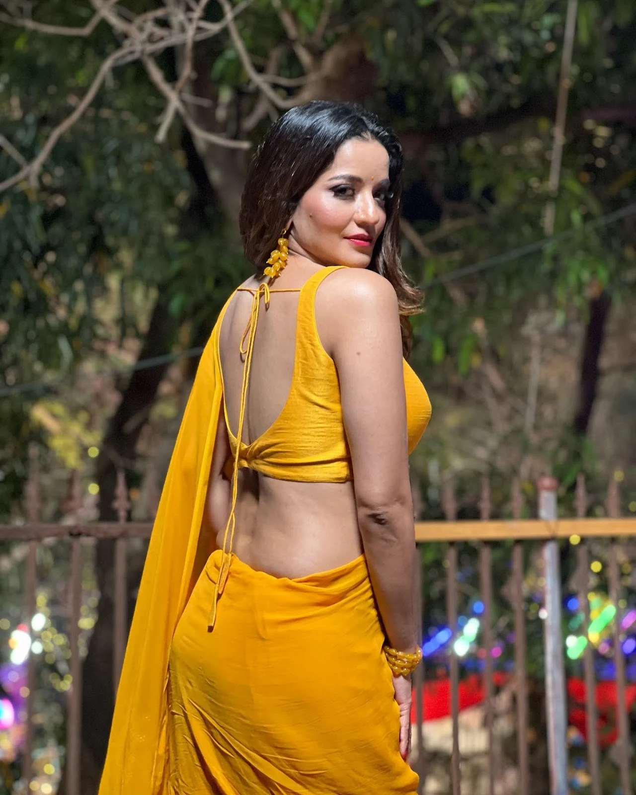 monalisa yellow saree backless blouse hot curvy actress