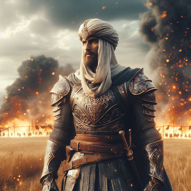 A muslim warrior dressed in armor standing in a field, return of the king. cinematic, lotr fanart, cinematic matte illustration,sultan suleman art, background fire battlefield