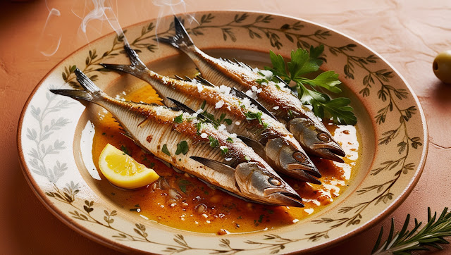 Grilled sardines are a simple yet flavorful dish commonly enjoyed in Mediterranean countries like Portugal, Spain, and Greece. Fresh sardines are seasoned with herbs, olive oil, and lemon, then grilled to perfection, offering a smoky, slightly charred taste with a delicate, tender flesh. This dish is often served as an appetizer or light main course, accompanied by a fresh salad, crusty bread, or roasted vegetables.