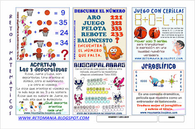 Retos matemáticos, Desafíos matemáticos, Retos mentales, Retos visuales, Problemas matemáticos, Problemas de lógica, Matemática y Deportes, Acertijos, Jeroglíficos, Jeroglíficos con solución, Jeroglíficos escolares, Juego con cerillas, Juego con palillos, Descubre la palabra, Buscapalabras, Descubre el resultado