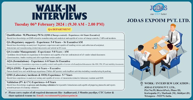 Jodas Expoim Walk In Interview For Quality Assurance Department - Multiple Opening