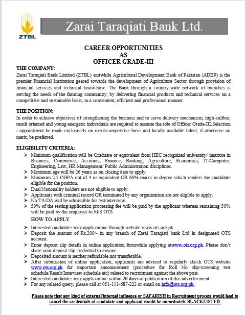 OTS Jobs 2020 - Zarai Taraqiati Bank Ltd