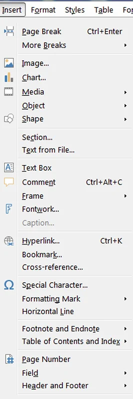 Insert menu of LibreOffice