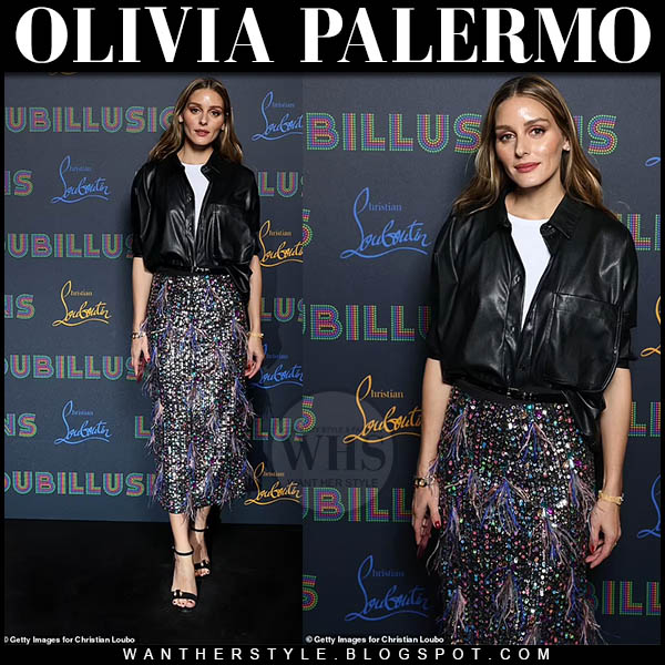Olivia Palermo in black leather shirt, embellished midi skirt and black sandals