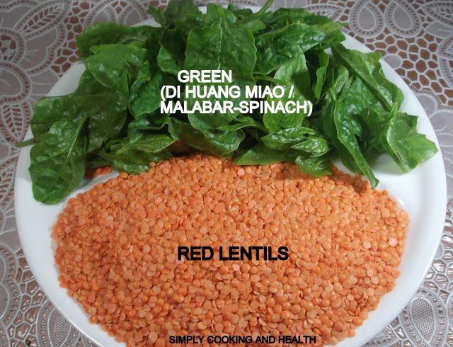 Ingredients for Easy and mild Red lentils with green (Di Huang Miao / malabar-spinach)