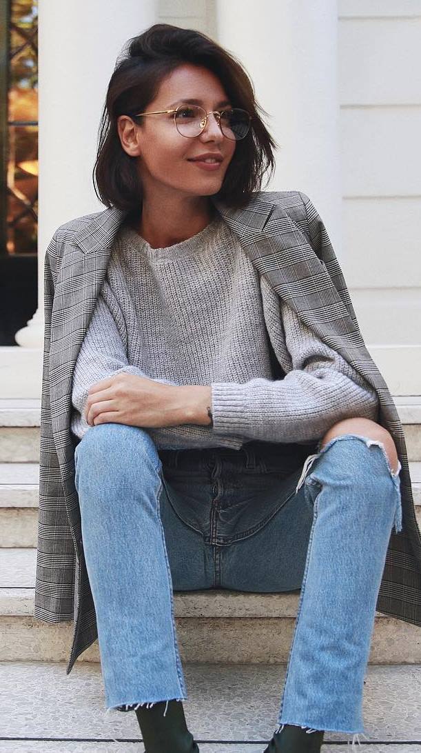 what to wear with a knit sweater : plaid blaze + jeans + boots