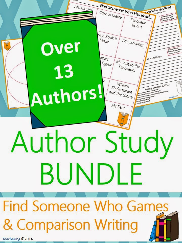 http://www.teacherspayteachers.com/Product/Author-Study-Comparison-Contrast-Writing-and-Game-BUNDLE-1499393