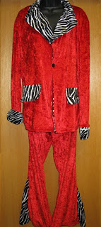 Red pajamas with zebra-stripe accents and flared trouser legs.