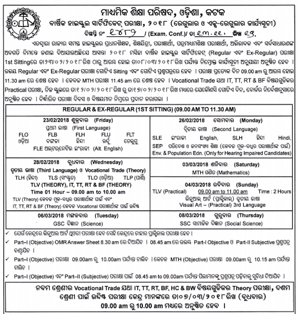 2018 BSE Odisha HSC Board 10th Madhyama Exam Time Table Date