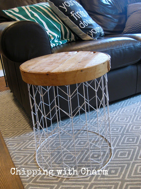 Chipping with Charm: Family Room Redo, Metal Basket to End Table...www.chippingwithcharm.blogspot.com