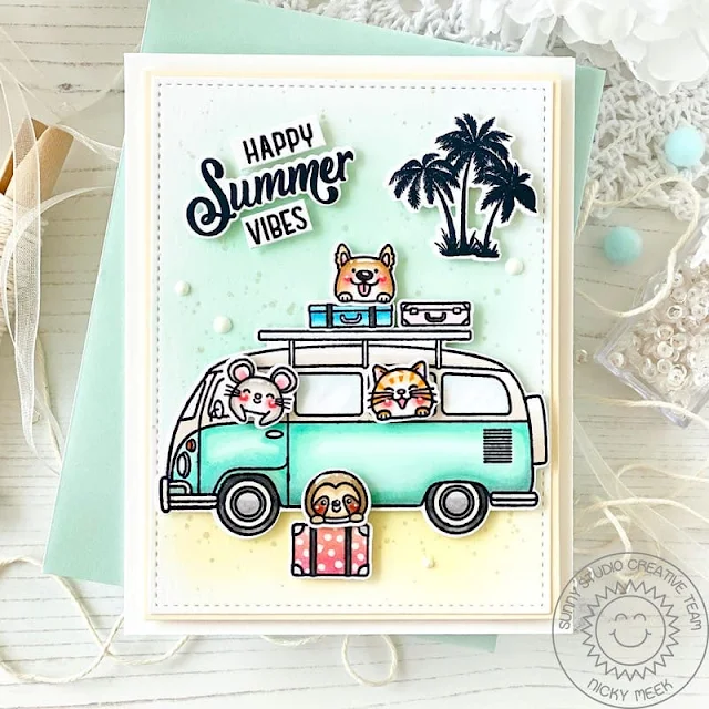 Sunny Studio Stamps: Beach Bus Summer Themed Card by Nicky Meeks (featuring Stitched Rectangles Dies)