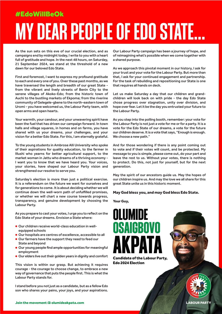 Former Governor of Anambra State, Peter Obi, rallies support for Olumide Akpata, Gubernatorial candidate of the Labour Party (LP) for rhe Edo State Governorship Election 2024