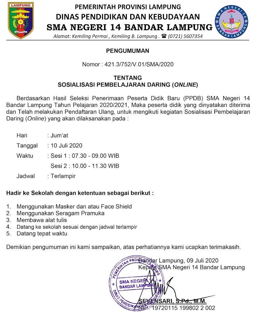 PENGUMUMAN SOSIALISASI PEMBELAJARAN DARING (ONLINE)
